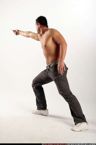 Man Adult Athletic White Fighting with knife Standing poses Pants