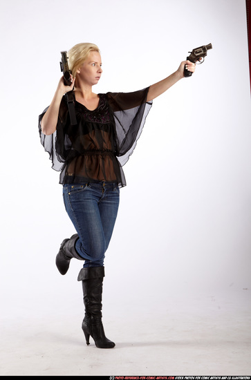 Woman Young Athletic White Fighting with gun Standing poses Casual