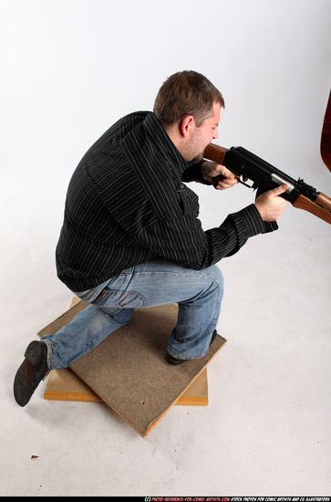 Man Adult Chubby White Fighting with submachine gun Kneeling poses Casual