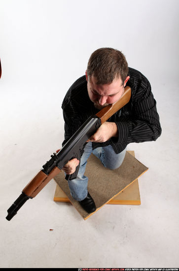 Man Adult Chubby White Fighting with submachine gun Kneeling poses Casual