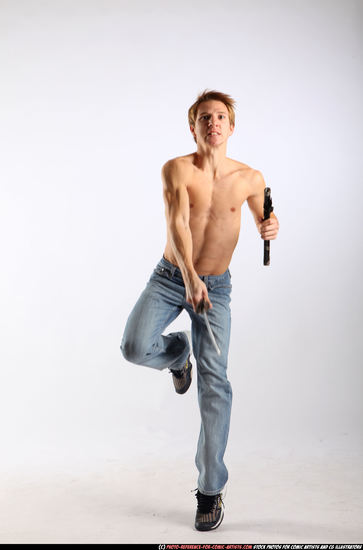 Man Young Athletic White Fighting with sword Moving poses Pants