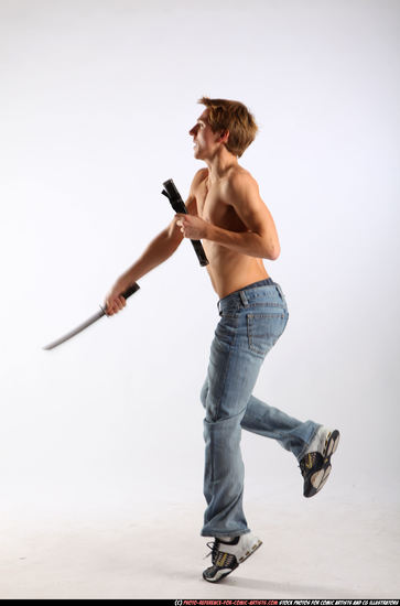 Man Young Athletic White Fighting with sword Moving poses Pants