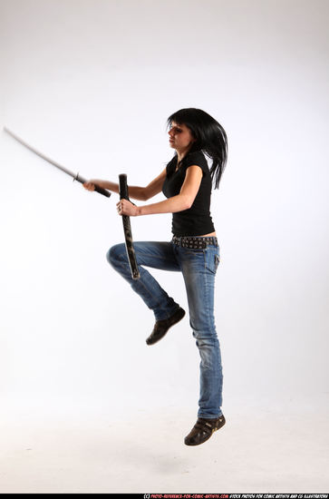 Woman Adult Athletic White Fighting with sword Moving poses Sportswear