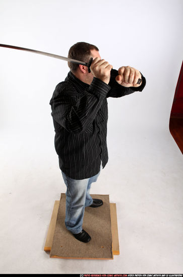 Man Adult Chubby White Fighting with sword Standing poses Casual