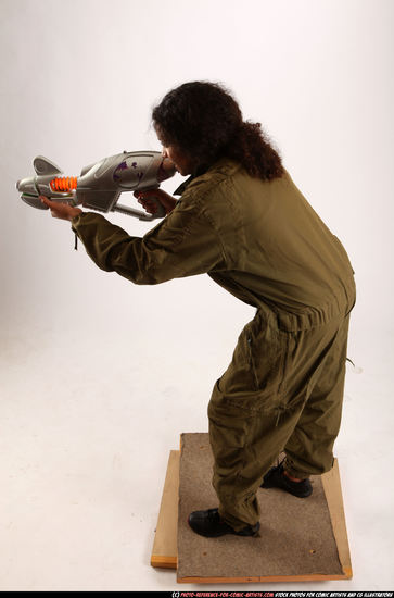 Woman Young Athletic Black Fighting with submachine gun Standing poses Army