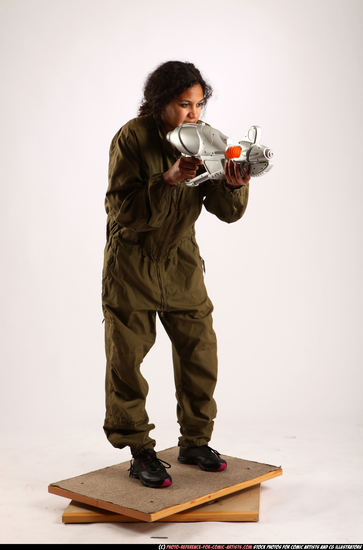 Woman Young Athletic Black Fighting with submachine gun Standing poses Army