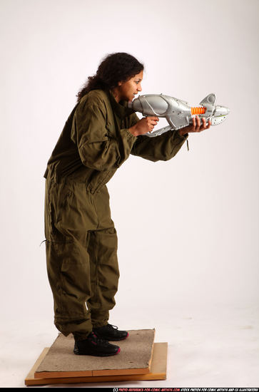 Woman Young Athletic Black Fighting with submachine gun Standing poses Army