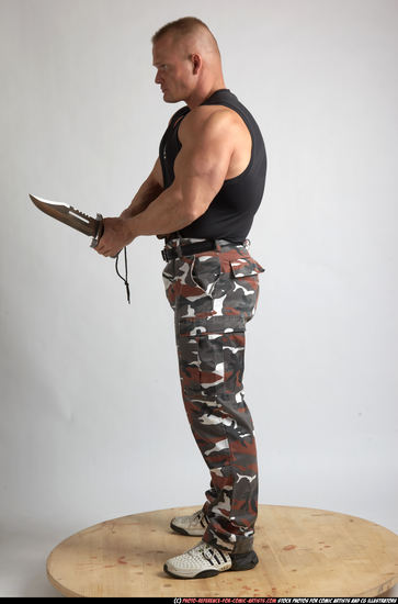 Man Adult Muscular White Fighting with knife Standing poses Army