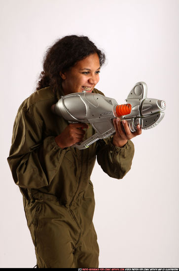 Woman Young Athletic Black Fighting with submachine gun Standing poses Army