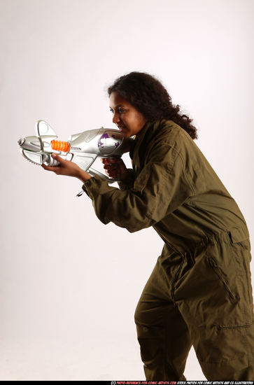 Woman Young Athletic Black Fighting with submachine gun Standing poses Army