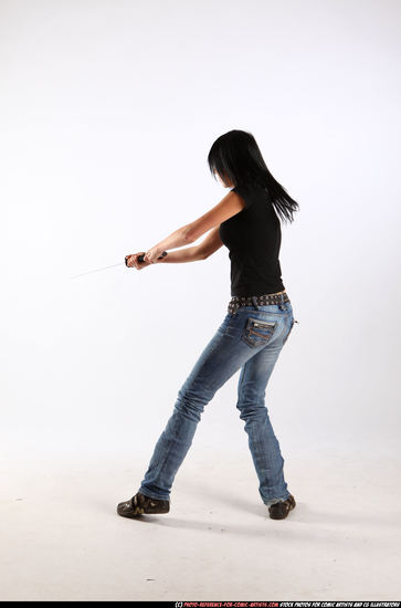 Woman Adult Athletic White Fighting with sword Moving poses Sportswear