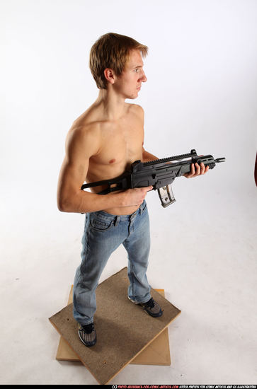 Man Young Athletic White Fighting with submachine gun Standing poses Pants