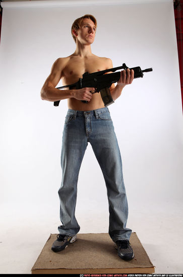 Man Young Athletic White Fighting with submachine gun Standing poses Pants