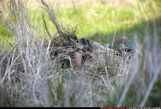 Man Adult Average White Fighting with rifle Laying poses Army