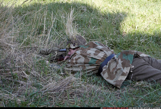 Man Adult Average White Fighting with rifle Laying poses Army