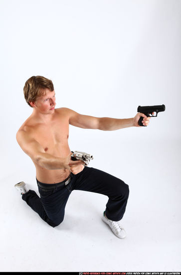 Man Young Athletic White Fighting with gun Kneeling poses Pants