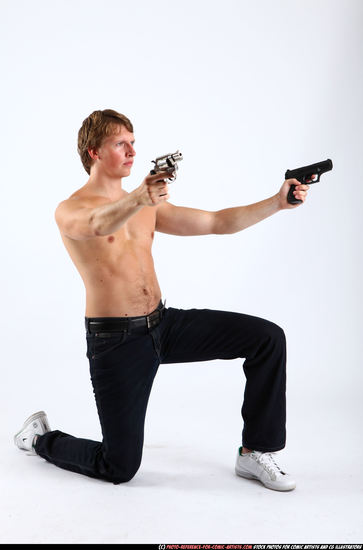 Man Young Athletic White Fighting with gun Kneeling poses Pants