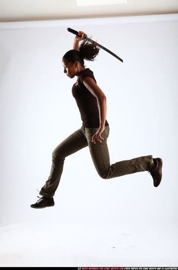 Woman Young Athletic Black Fighting with sword Moving poses Casual