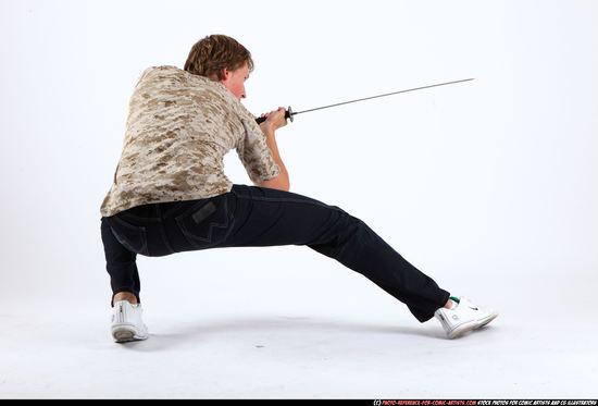 Man Young Athletic White Fighting with sword Kneeling poses Sportswear