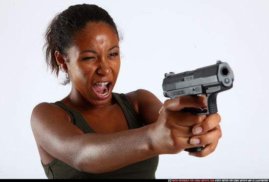 Woman Young Athletic Black Fighting with gun Standing poses Army