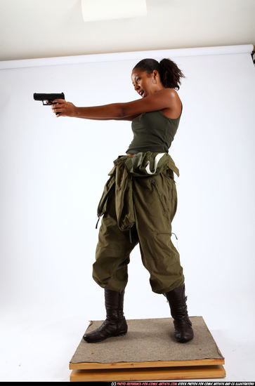 Woman Young Athletic Black Fighting with gun Standing poses Army