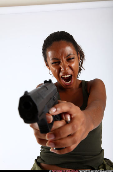 Woman Young Athletic Black Fighting with gun Standing poses Army