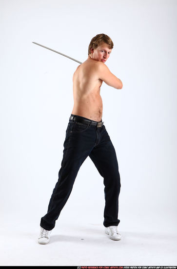 Man Young Athletic White Fighting with sword Standing poses Pants