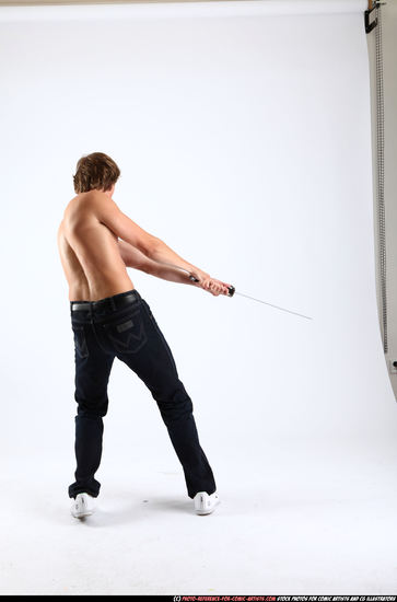 Man Young Athletic White Fighting with sword Standing poses Pants