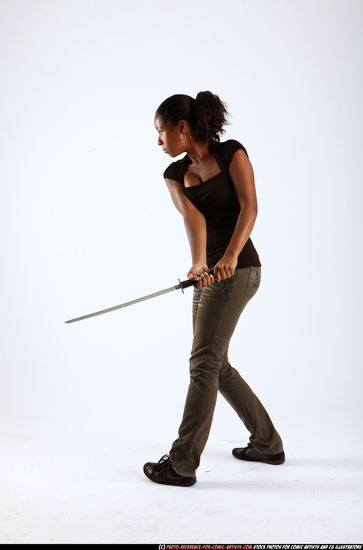 Woman Young Athletic Black Fighting with sword Standing poses Casual