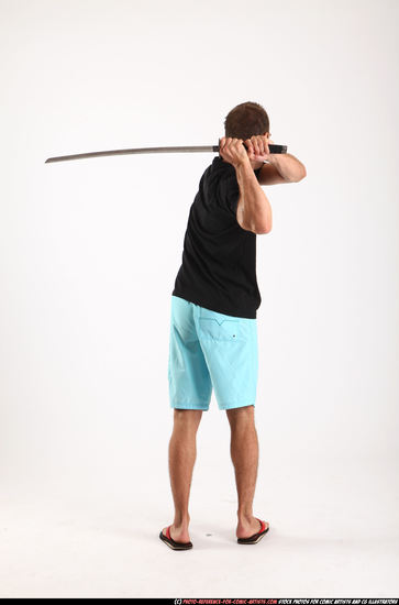 Man Adult Athletic White Fighting with sword Standing poses Sportswear