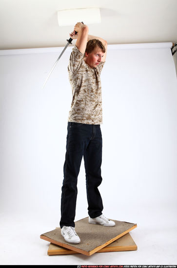 Man Young Athletic White Fighting with sword Standing poses Casual