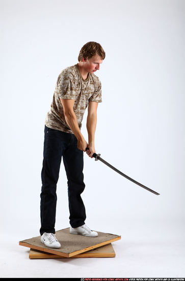 Man Young Athletic White Fighting with sword Standing poses Casual