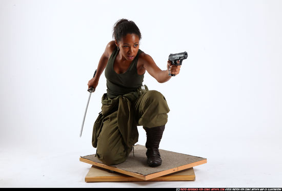 Woman Young Athletic Black Fighting with gun Kneeling poses Army