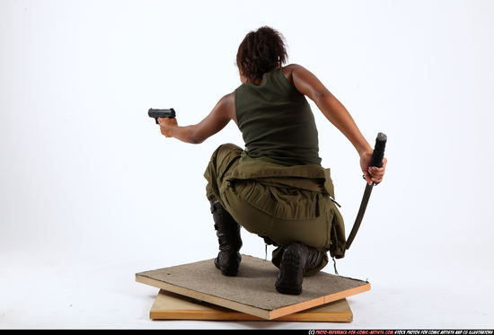 Woman Young Athletic Black Fighting with gun Kneeling poses Army