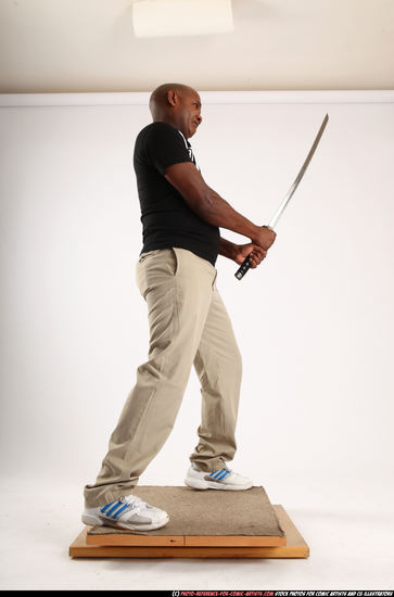 Man Old Chubby Black Fighting with sword Standing poses Casual