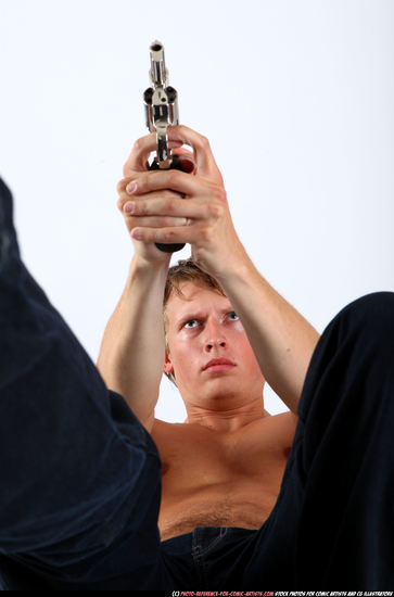 Man Young Athletic White Fighting with gun Moving poses Pants