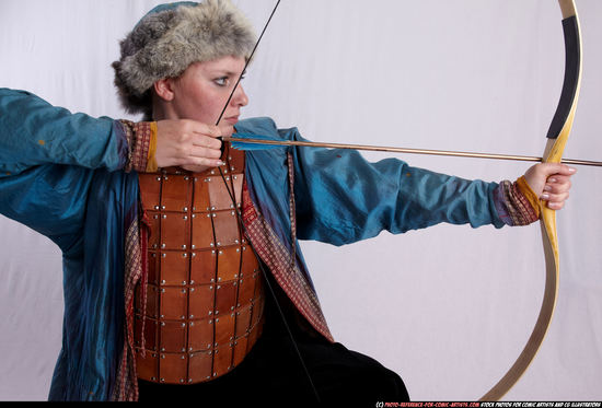 Woman Adult Average White Fighting with bow Kneeling poses Army