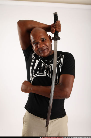 Man Old Chubby Black Fighting with sword Standing poses Casual