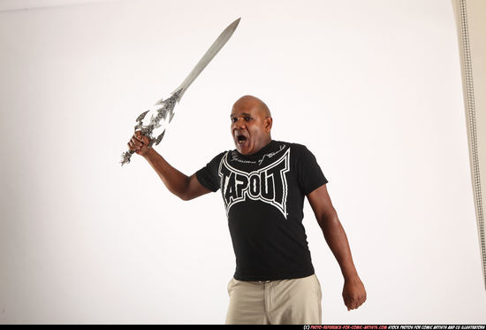 Man Old Chubby Black Fighting with sword Standing poses Casual