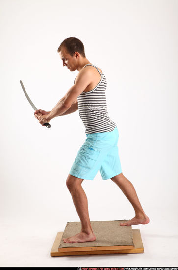 Man Adult Muscular White Fighting with sword Standing poses Sportswear