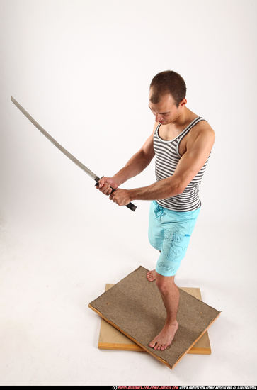 Man Adult Muscular White Fighting with sword Standing poses Sportswear