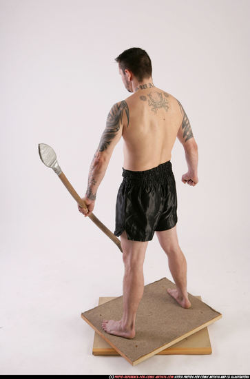 Man Adult Athletic White Fighting with spear Standing poses Underwear