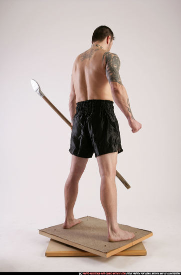 Man Adult Athletic White Fighting with spear Standing poses Underwear