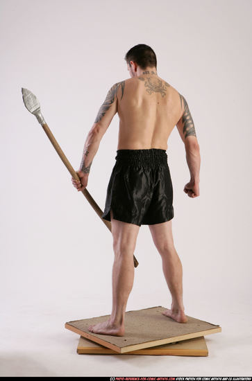 Man Adult Athletic White Fighting with spear Standing poses Underwear