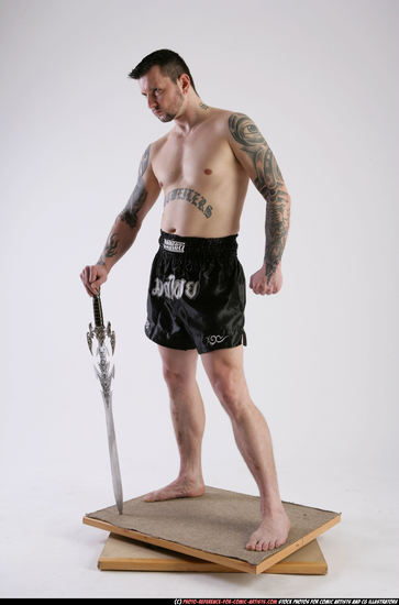 Man Adult Athletic White Fighting with sword Standing poses Underwear