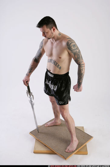 Man Adult Athletic White Fighting with sword Standing poses Underwear