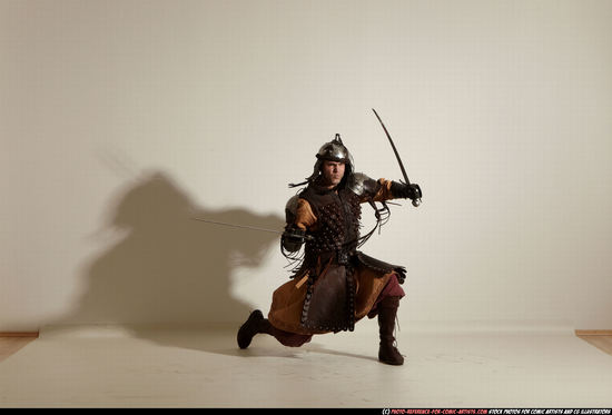 Man Adult Muscular White Fighting with sword Moving poses Army