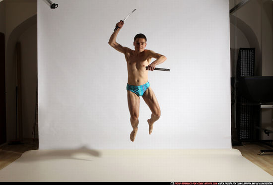 Man Adult Athletic White Fighting with sword Moving poses Underwear