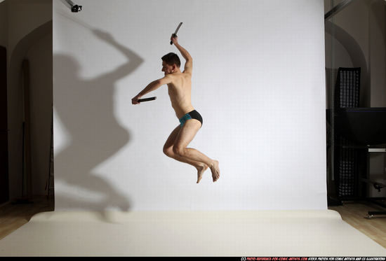 Man Adult Athletic White Fighting with sword Moving poses Underwear