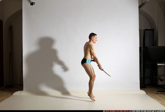 Man Adult Athletic White Fighting with sword Moving poses Underwear